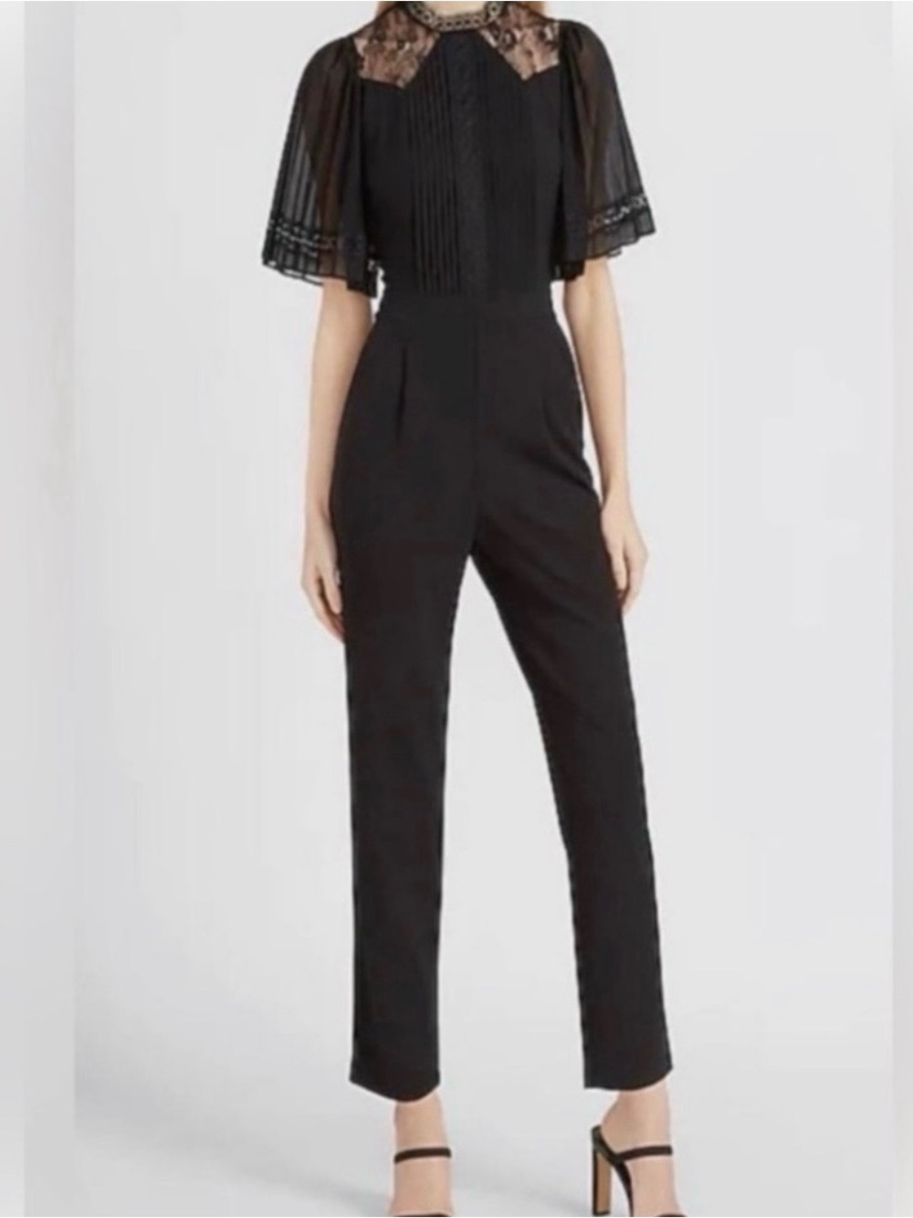 Express Navy Blue Lace-Yoke Wide Sleeve Jumpsuit